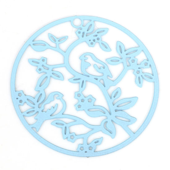 Immagine di Lega di Ferro Filigree Stamping Ciondoli Tondo Blu Chiaro Uccello Pittura 3.1cm Dia, 10 Pz