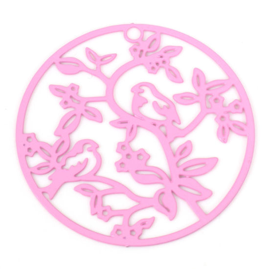 Immagine di Lega di Ferro Filigree Stamping Ciondoli Tondo Rosa Uccello Pittura 3.1cm Dia, 10 Pz