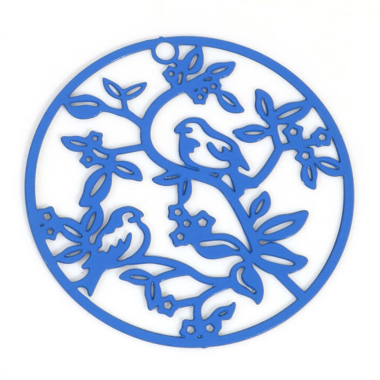 Immagine di Lega di Ferro Filigree Stamping Ciondoli Tondo Blu Marino Uccello Pittura 3.1cm Dia, 10 Pz