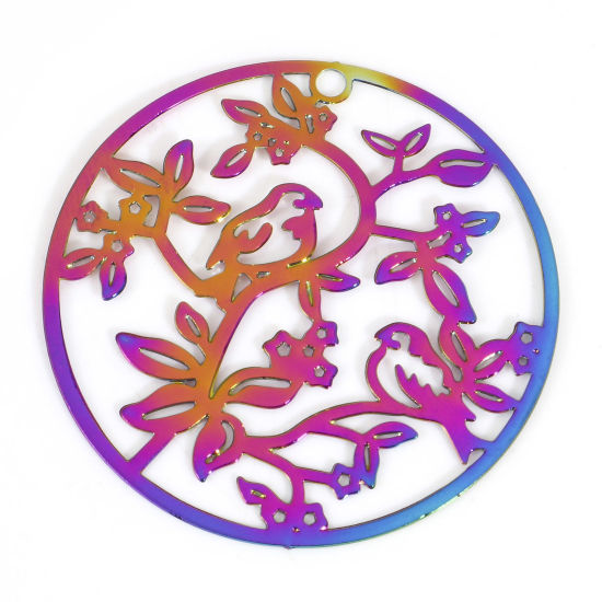 Immagine di Lega di Ferro Filigree Stamping Ciondoli Tondo Colore Arcobaleno Placcato Uccello 3.1cm Dia, 10 Pz