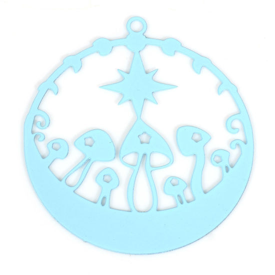 Imagen de Hierro Filigrana Estampación Colgantes Ronda Azul Claro Hongo Pintura 3.3cm x 3cm, 10 Unidades