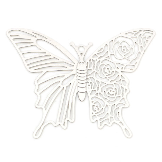 Imagen de Hierro Insecto Colgantes Mariposa Tono de Plata Rosa Pintura 4cm x 3.1cm, 10 Unidades