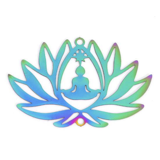 Imagen de Hierro Filigrana Estampación Conectores Flor de Loto Chapado en Color Arco Iris Estatua de Buda 3.8cm x 2.5cm, 5 Unidades