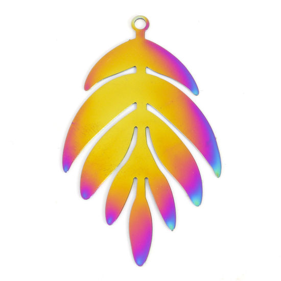 Imagen de Hierro Filigrana Estampación Colgantes Hoja Chapado en Color Arco Iris 4cm x 2.4cm, 5 Unidades