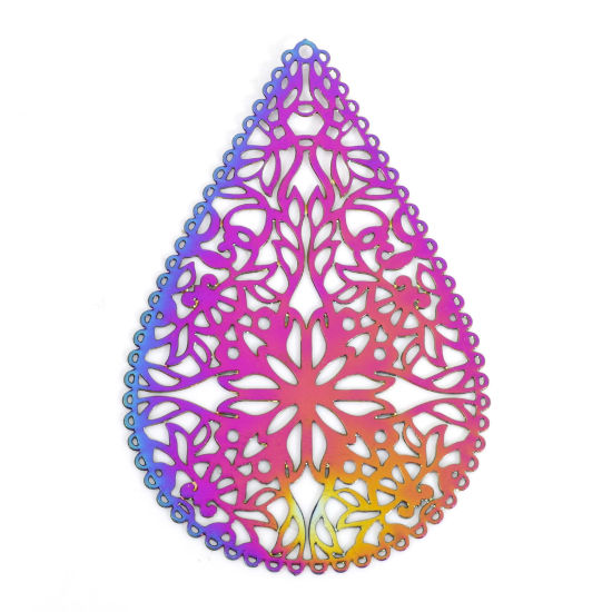 Picture of Iron Based Alloy Filigree Stamping Pendants Rainbow Color Plated Drop 4cm x 2.7cm, 5 PCs