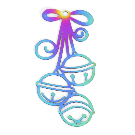 Picture of Iron Based Alloy Filigree Stamping Pendants Rainbow Color Plated Christmas Jingle Bell 3.5cm x 1.7cm, 5 PCs
