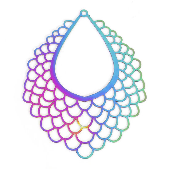 Picture of Iron Based Alloy Filigree Stamping Pendants Rainbow Color Plated Drop Fish Scale 4.5cm x 3.6cm, 5 PCs