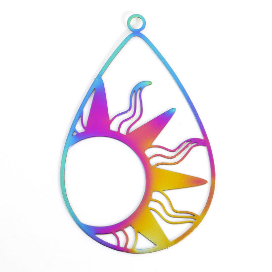 Picture of Iron Based Alloy Filigree Stamping Pendants Rainbow Color Plated Drop Sun 4.7cm x 3cm, 5 PCs