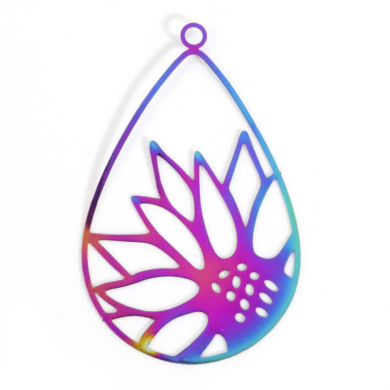 Picture of Iron Based Alloy Filigree Stamping Pendants Rainbow Color Plated Drop Sunflower 4.7cm x 3cm, 5 PCs