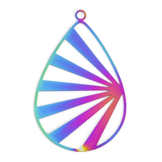 Picture of Iron Based Alloy Filigree Stamping Pendants Rainbow Color Plated Drop Stripe 4.7cm x 3cm, 5 PCs