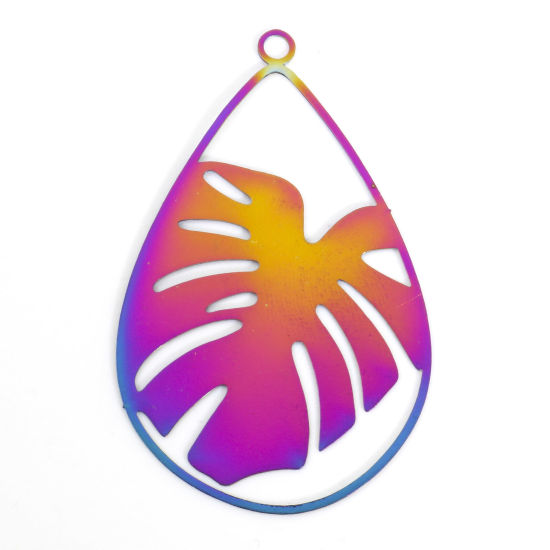 Picture of Iron Based Alloy Filigree Stamping Pendants Rainbow Color Plated Drop Monstera Leaf 4.7cm x 3cm, 5 PCs