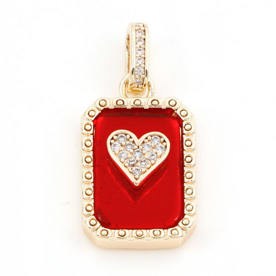 Imagen de 1 Unidad Latón Poker Colgantes Charms Octágono 18K Oro Real Chapado Rojo Corazón Con Cabochons de la Resina Claro Circón Artificial 26mm x 13mm