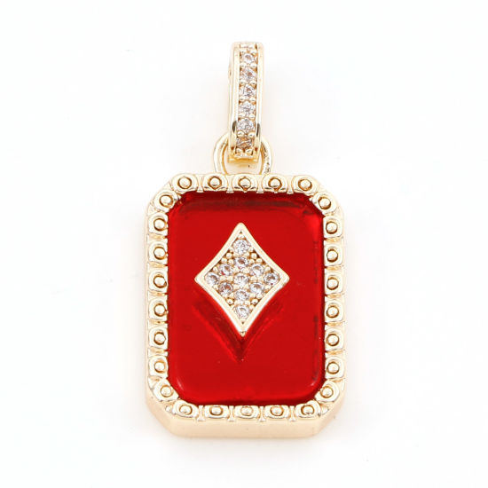 Imagen de 1 Unidad Latón Poker Colgantes Charms Octágono 18K Oro Real Chapado Rojo Diamantes Con Cabochons de la Resina Claro Circón Artificial 26mm x 13mm