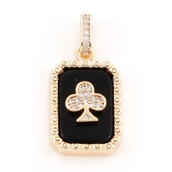 Imagen de 1 Unidad Latón Poker Colgantes Charms Octágono 18K Oro Real Chapado Negro Clubs Con Cabochons de la Resina Claro Circón Artificial 26mm x 13mm