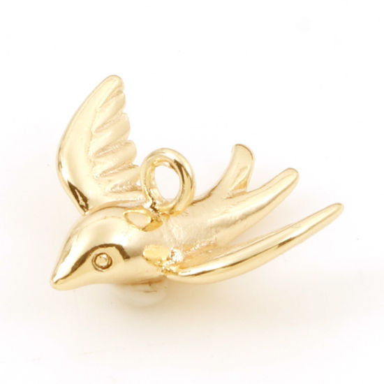 Picture of Brass Charms 18K Real Gold Plated Swallow Bird Animal 3D 14mm x 13mm, 3 PCs