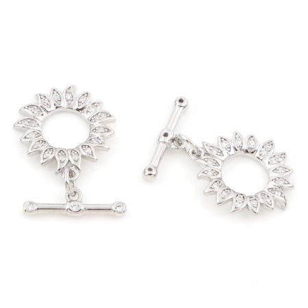 Picture of Brass Toggle Clasps Sunflower Real Gold Plated Micro Pave Clear Cubic Zirconia 18mm x 16mm