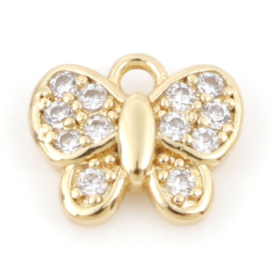 Immagine di Ottone Insetto Charms Farfalla 18K Vero Oro Placcato Micro Spianare Trasparente Cubic Zirconiae 7.5mm x 6mm, 1 Pz