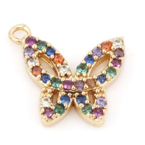 Immagine di Ottone Insetto Charms Farfalla 18K Vero Oro Placcato Micro Spianare Multicolore Cubic Zirconiae 12mm x 11mm, 1 Pz