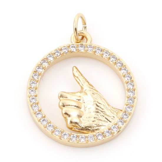 Изображение Латунь Подвески Похвалы жест рукой знак 18K настоящее золото с покрытием Бижутерия усыпанная мелким фианит Прозрачный Искусственный Циркон 24мм x 18мм, 1 ШТ