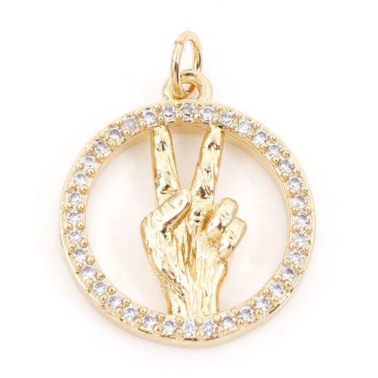 Изображение Латунь Подвески V Знак Жестов Победы 18K настоящее золото с покрытием Бижутерия усыпанная мелким фианит Прозрачный Искусственный Циркон 24мм x 18мм, 1 ШТ