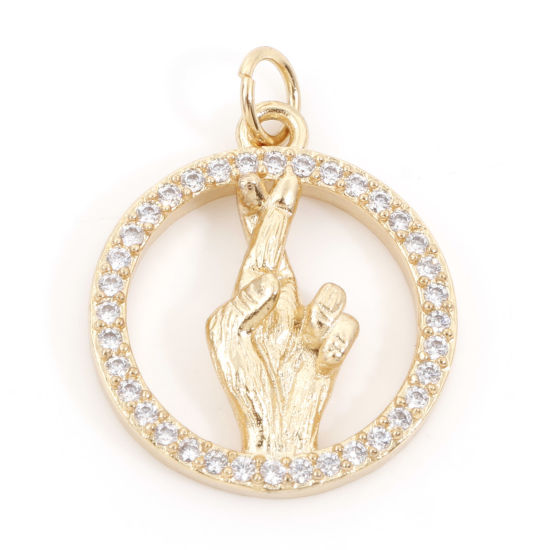 Изображение Латунь Подвески К Счастью Жест 18K настоящее золото с покрытием Бижутерия усыпанная мелким фианит Прозрачный Искусственный Циркон 24мм x 18мм, 1 ШТ