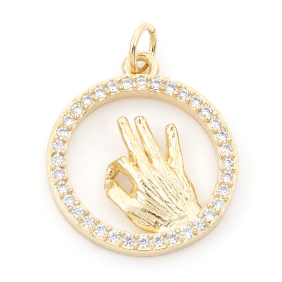 Изображение Латунь Подвески Жест рукой ОК 18K настоящее золото с покрытием Бижутерия усыпанная мелким фианит Прозрачный Искусственный Циркон 24мм x 18мм, 1 ШТ