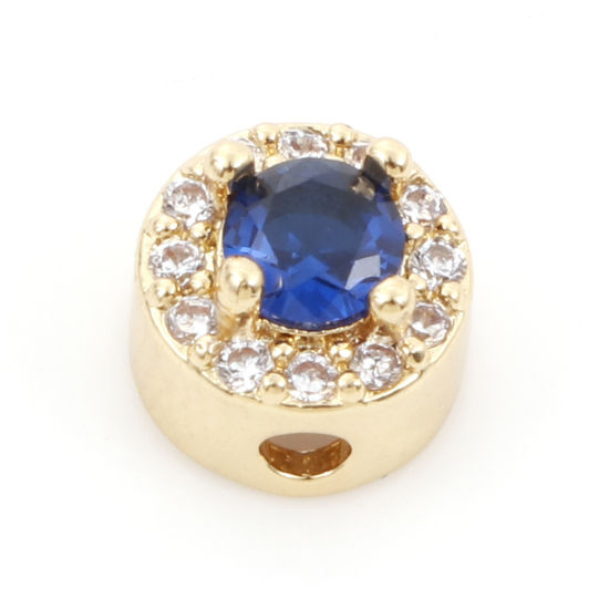 Изображение Brass & Cubic Zirconia Beads For DIY Jewelry Making 14K Real Gold Plated Dark Blue Flat Round Micro Pave Clear Cubic Zirconia About 7mm Dia., Hole: Approx 1.6mm, 1 Piece