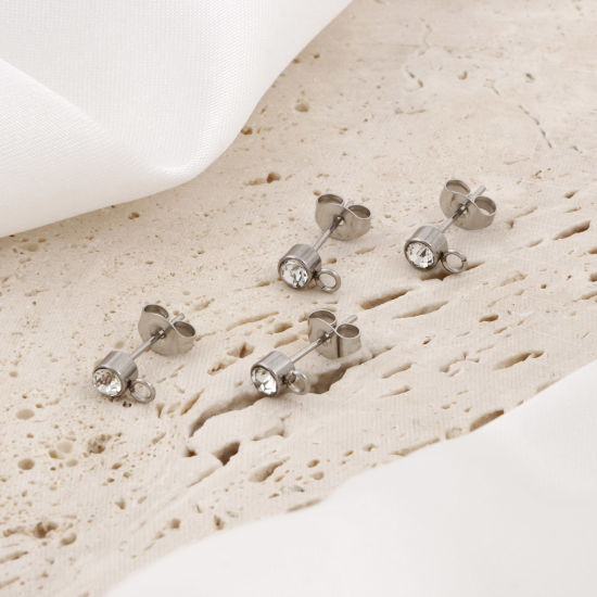 Immagine di Ecologico 304 Acciaio Inossidabile Orecchini a Perno Tondo Tono Argento Con Loop 7mm x 4mm, Posta / Filo Dimensione: (21 misura), 10 Pz