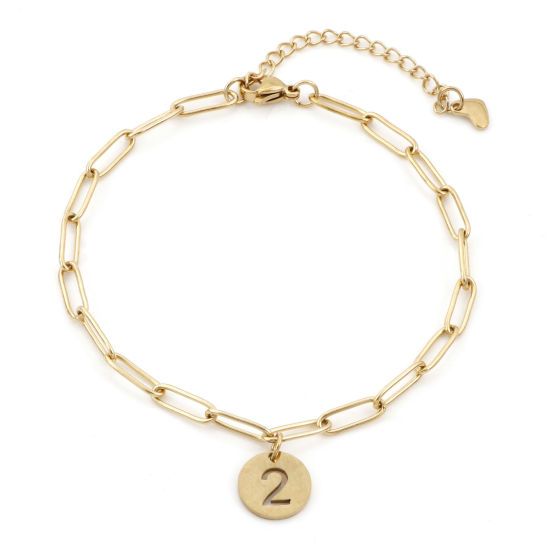 Picture of Eco-friendly Vacuum Plating 304 Stainless Steel Simple Paperclip Chain Anklet 18K Gold Color With Lobster Claw Clasp And Extender Chain Round Number Message " 2 " 22cm(8 5/8") long, 1 Piece