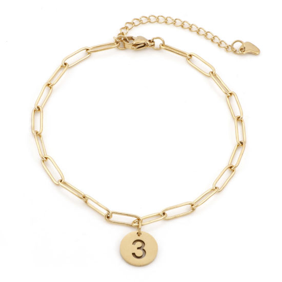 Picture of Eco-friendly Vacuum Plating 304 Stainless Steel Simple Paperclip Chain Anklet 18K Gold Color With Lobster Claw Clasp And Extender Chain Round Number Message " 3 " 22cm(8 5/8") long, 1 Piece