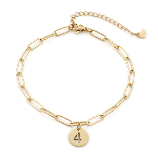 Picture of Eco-friendly Vacuum Plating 304 Stainless Steel Simple Paperclip Chain Anklet 18K Gold Color With Lobster Claw Clasp And Extender Chain Round Number Message " 4 " 22cm(8 5/8") long, 1 Piece