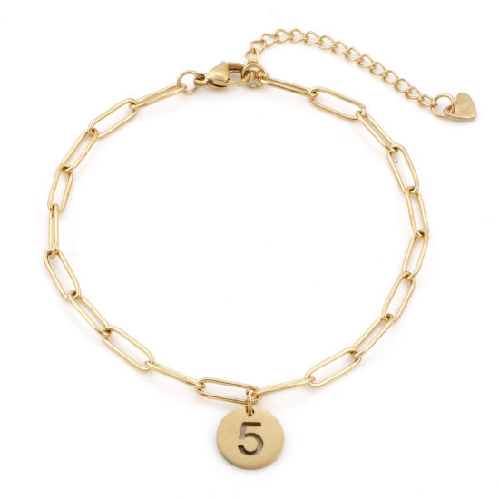 Picture of Eco-friendly Vacuum Plating 304 Stainless Steel Simple Paperclip Chain Anklet 18K Gold Color With Lobster Claw Clasp And Extender Chain Round Number Message " 5 " 22cm(8 5/8") long, 1 Piece
