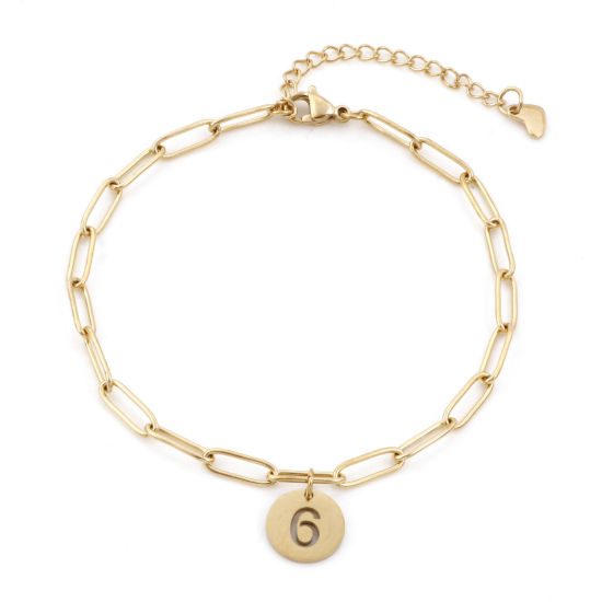 Picture of Eco-friendly Vacuum Plating 304 Stainless Steel Simple Paperclip Chain Anklet 18K Gold Color With Lobster Claw Clasp And Extender Chain Round Number Message " 6 " 22cm(8 5/8") long, 1 Piece