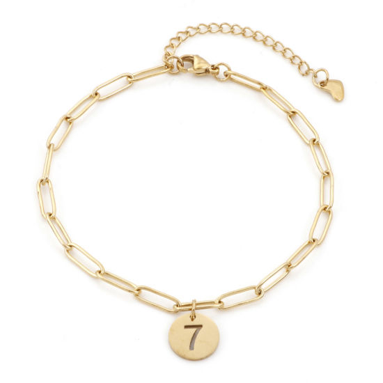 Picture of Eco-friendly Vacuum Plating 304 Stainless Steel Simple Paperclip Chain Anklet 18K Gold Color With Lobster Claw Clasp And Extender Chain Round Number Message " 7 " 22cm(8 5/8") long, 1 Piece