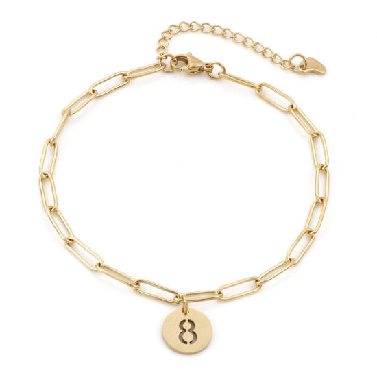 Picture of Eco-friendly Vacuum Plating 304 Stainless Steel Simple Paperclip Chain Anklet 18K Gold Color With Lobster Claw Clasp And Extender Chain Round Number Message " 8 " 22cm(8 5/8") long, 1 Piece