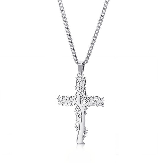 Imagen de Respetuoso del Medio Ambiente 304 Acero Inoxidable Religión Link Curb Chain Collares Tono de Plata Cruz Árbol de la Vida Hueco 60cm longitud, 1 Unidad