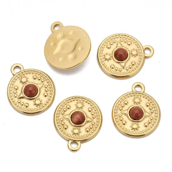 Изображение Экологически чистое вакуумное покрытие 304 Нержавеющая Сталь & Полудрагоценный Камень Богемный стиль Подвески Круглые 18-каратный золотой цвет Красный Компас 18мм Диаметр, 1 ШТ