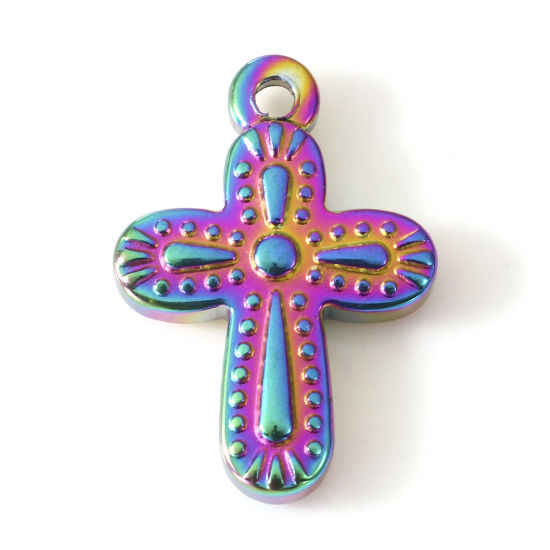 Bild von Umweltfreundliche PVD-Vakuumbeschichtung 304 Edelstahl Religiös Charms Kreuz Regenbogenfarbe Plattiert 19mm x 13mm, 2 Stück