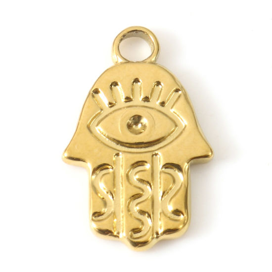 Bild von Umweltfreundliche PVD-Vakuumbeschichtung 304 Edelstahl Religiös Charms 18K Gold plattiert (Halten ss1 Spitzboden Strass) Hamsa Symbol Hand Cabochon Fassung 17mm x 11mm, 2 Stück