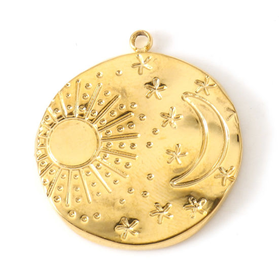 Bild von Umweltfreundliche PVD-Vakuumbeschichtung 304 Edelstahl Galaxis Charms Rund 18K Gold plattiert Sonne & Mond 23mm x 21mm, 2 Stück