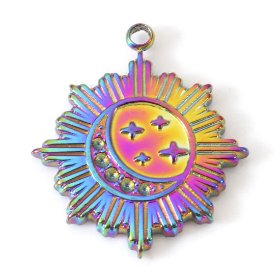 Bild von Umweltfreundliche PVD-Vakuumbeschichtung 304 Edelstahl Galaxis Charms Rund Regenbogenfarbe Plattiert (Halten ss1 0.8mm Spitzboden Strass) Sonne & Mond 20.5mm x 18mm, 2 Stück