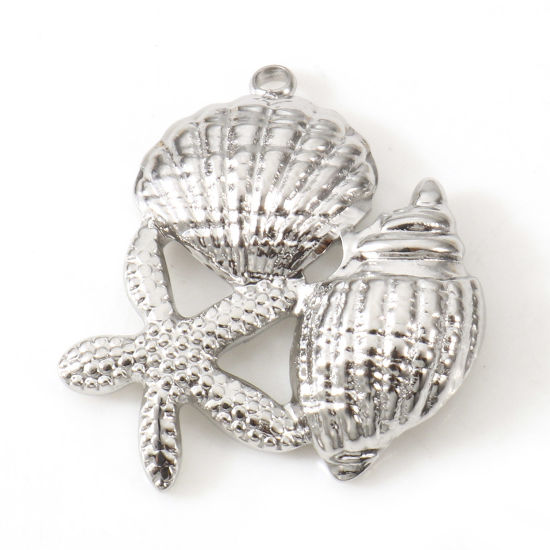 Bild von Umweltfreundlich 304 Edelstahl Ozean Schmuck Charms Seesterne Silberfarbe Strandschnecke 24mm x 19mm, 2 Stück