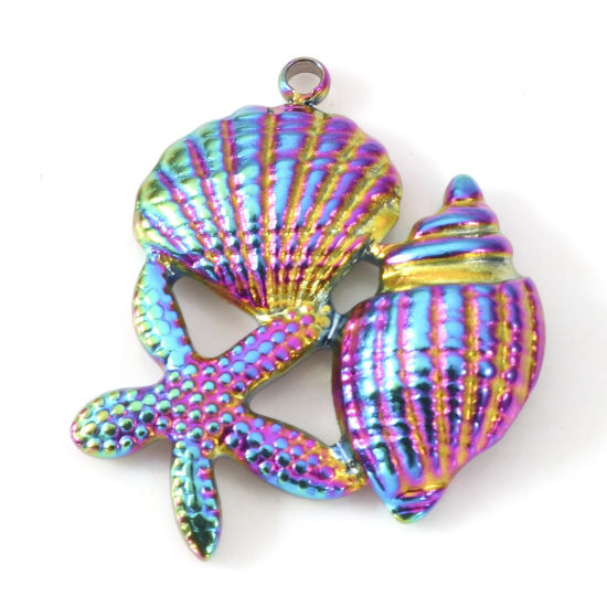 Bild von Umweltfreundliche Vakuumbeschichtung 304 Edelstahl Ozean Schmuck Charms Seesterne Regenbogenfarbe Plattiert Strandschnecke 24mm x 19mm, 2 Stück