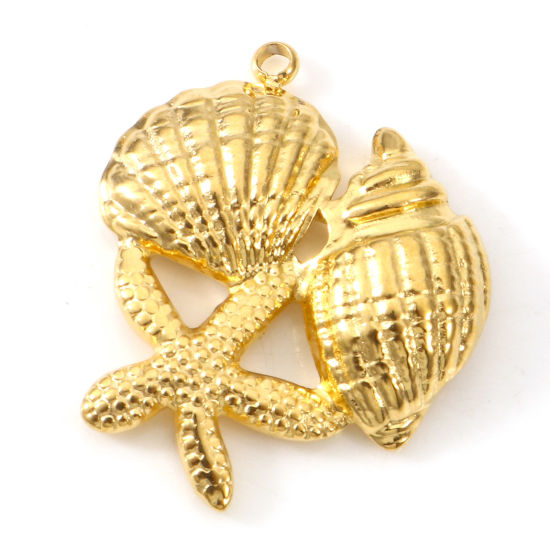 Bild von Umweltfreundliche Vakuumbeschichtung 304 Edelstahl Ozean Schmuck Charms Seesterne 18K Gold plattiert Strandschnecke 24mm x 19mm, 2 Stück