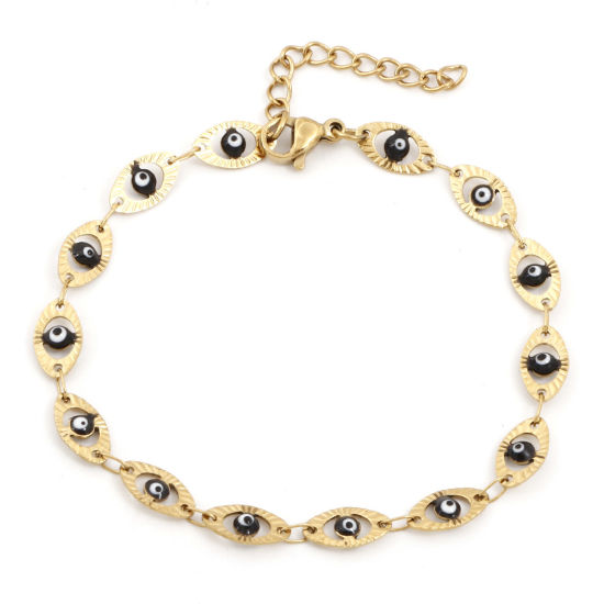 Immagine di Placcatura Sottovuoto Ecologica 304 Acciaio Inossidabile Religione Catena a Maglia Fatta a Mano Braccialetti Placcato Oro 18K Nero Malocchio Smalto 17.5cm Lunghezza, 1 Pz