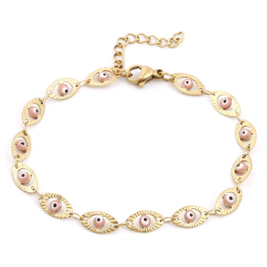 Immagine di Placcatura Sottovuoto Ecologica 304 Acciaio Inossidabile Religione Catena a Maglia Fatta a Mano Braccialetti Placcato Oro 18K Rosa Chiaro Malocchio Smalto 17.5cm Lunghezza, 1 Pz