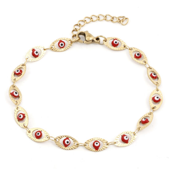 Immagine di Placcatura Sottovuoto Ecologica 304 Acciaio Inossidabile Religione Catena a Maglia Fatta a Mano Braccialetti Placcato Oro 18K Rosso Malocchio Smalto 17.5cm Lunghezza, 1 Pz