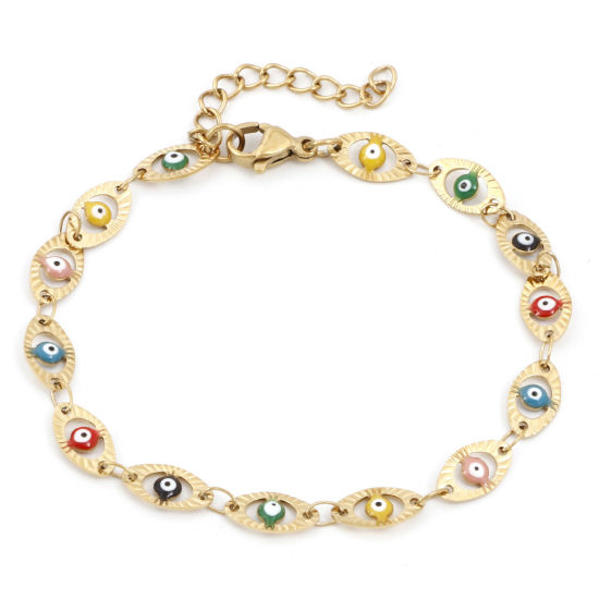 Immagine di Placcatura Sottovuoto Ecologica 304 Acciaio Inossidabile Religione Catena a Maglia Fatta a Mano Braccialetti Placcato Oro 18K Multicolore Malocchio Smalto 17.5cm Lunghezza, 1 Pz