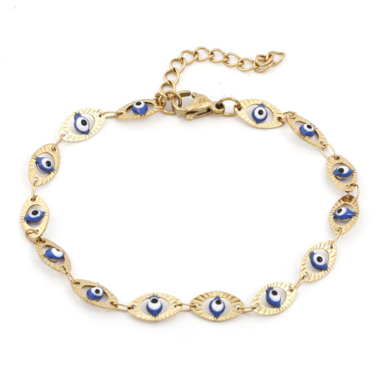 Immagine di Placcatura Sottovuoto Ecologica 304 Acciaio Inossidabile Religione Catena a Maglia Fatta a Mano Braccialetti Placcato Oro 18K Blu Marino Malocchio Smalto 17.5cm Lunghezza, 1 Pz
