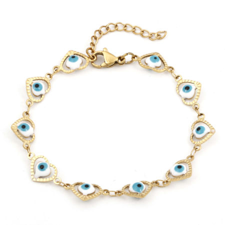 Bild von Umweltfreundliche Vakuumbeschichtung 304 Edelstahl Religiös Handgefertigte Gliederkette Armband 18K Gold plattiert Weiß Herz Böser Blick Evil Eye Emaille 17.5cm lang, 1 Strang